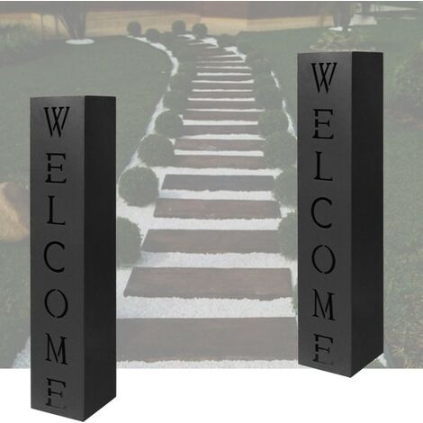 Le Poisson Qui Jardine – Lot de 2 colonnes décoratives en métal noir – Dimensions 100 x 20 x 20 cm – Inscription 'WELCOME' pour embellir votre jardin