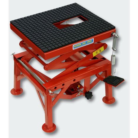 Le Poisson Qui Jardine – Pont élévateur pour petites motos – Charge max 135 kg – Dimensions 47 x 52 cm – Hauteur levée 90 cm – Conçu pour espaces confinés