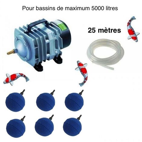 Le Poisson Qui Jardine – Set aérateur bassin 3000-5000 L – Compresseur 2700 L/h – 6 diffuseurs pour bulles fines – Kit prêt à l'emploi