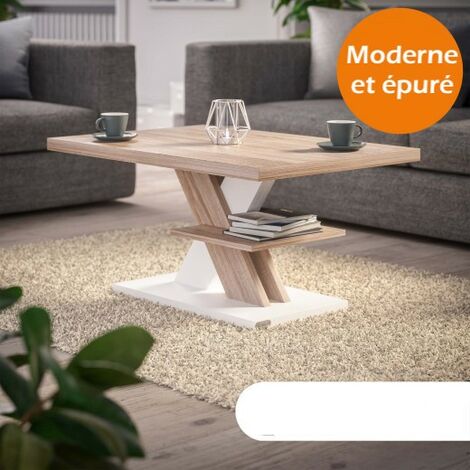 Le Poisson Qui Jardine – Table basse fixe bicolore blanc et chêne – Dimensions 90x60x45cm – Plateau épais 50mm – Surface de rangement 34x40cm
