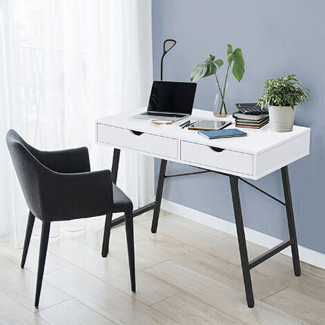 Le Quai Des Affaires – Bureau droit 2 tiroirs blanc et noir – Dimensions 100x48x75 cm – Plateau en panneaux de particules – Pieds en métal scandinave