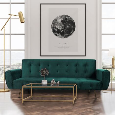 Le Quai Des Affaires – Canapé convertible 3 places ODIN – Velours vert – Dimensions 210x79x80 cm – Couchage 188x104 cm – Poches de rangement dans accoudoirs