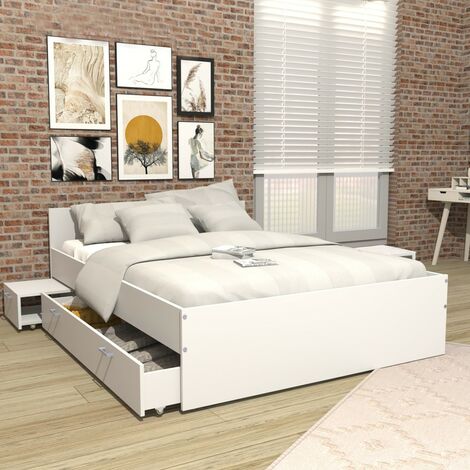 Le Quai Des Affaires – Lit avec tiroirs 140x190 – 2 chevets montés sur roulettes – Tiroir de rangement 150x39x21 cm – Blanc – Panneaux de particules