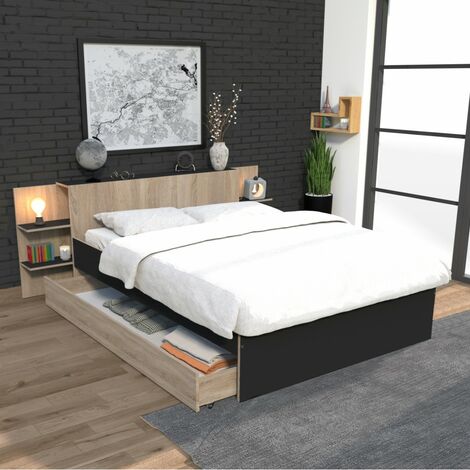 Le Quai Des Affaires – Lit CITY 140x190 cm avec tête de lit et tiroir – Décor noir et chêne blanchi – Dimensions 216x216x80 cm – Rangement optimisé