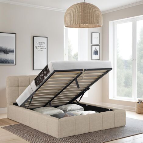 Le Quai Des Affaires – Lit coffre 140x190 cm avec sommier ELIAS – Tête de lit capitonnée – Tissu beige – Rangement intégré 141x191x22 cm