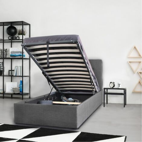 Le Quai Des Affaires – Lit coffre 90x190 cm – Grand coffre de rangement 417L – Cadre MDF et tissu – Sommier 12 lattes bois – Gris foncé – Dimensions 201x99x99 cm
