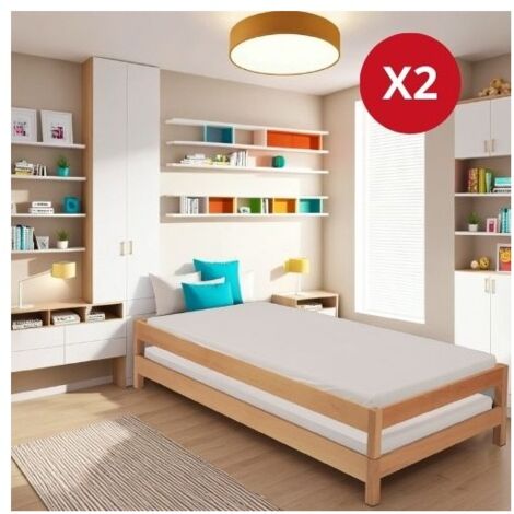 Le Quai Des Affaires – Lit empilable 90x200 cm – Lot de 2 lits en hêtre massif – 2 sommiers inclus – Longueur 204.5 cm – Largeur 94.5 cm – Hauteur 43.5 cm