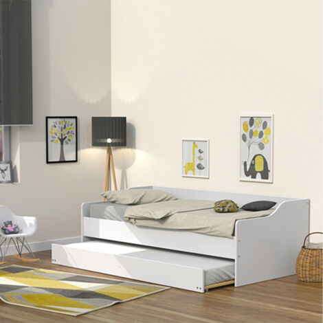 Le Quai Des Affaires – Lit gigogne 90x190 cm – 2 sommiers en épicéa massif – Tiroir-lit monté sur roulettes – MDF laqué blanc pour petits espaces