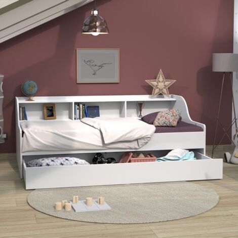 Le Quai Des Affaires – Lit gigogne 90x190 cm avec tiroir-lit – Panneaux mélaminés blancs – Hauteur matelas max 16 cm – Design contemporain pour chambre enfant