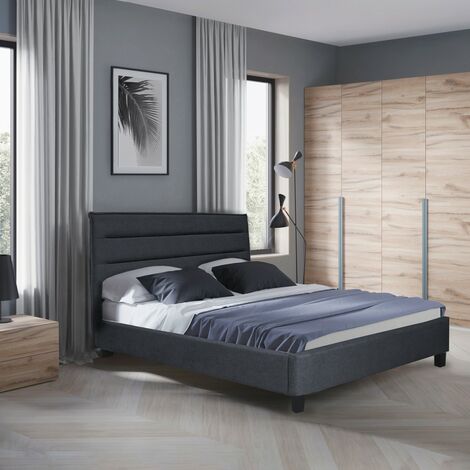 Le Quai Des Affaires – Lit LACANAU 140x190 avec sommier – Gris foncé – Cadre en MDF – 24 lattes cintrées en bois – Dimensions 205x156x106 cm