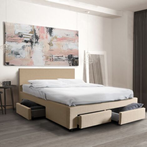 Le Quai Des Affaires – Lit LUGANO 140x190 avec sommier 12 lattes en bois – 4 tiroirs de rangement – Cadre en MDF et tissu beige – Dimensions 202x150x85 cm