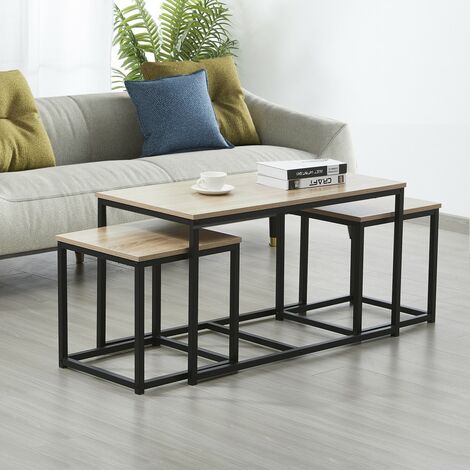 Le Quai Des Affaires – Lot de 3 tables basses gigognes – Décor chêne blanchi – Piètement métal noir – Grande table 90x45x50,5 cm – Montage facile