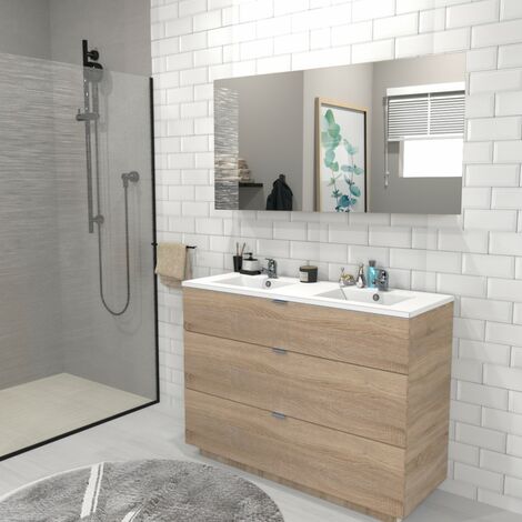 Le Quai Des Affaires – Meuble sous-vasque 3 tiroirs 120 cm – Décor chêne blanchi – Façades en panneaux mélaminés – Coulisses amorties – À fixer au mur
