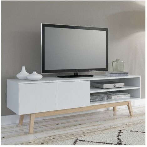 Le Quai Des Affaires – Meuble TV 2 portes 2 niches 160x42x50 cm – Panneaux de particules laqués blanc – Piétement en tilleul massif – Design scandinave moderne