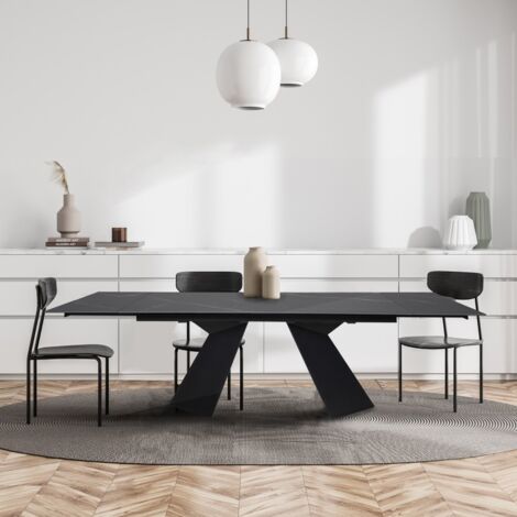 Le Quai Des Affaires – Table à manger extensible en pierre sintérisée 160x90cm – 2 allonges 40cm – 10 personnes – Piètement métal noir – Longueur totale 240cm