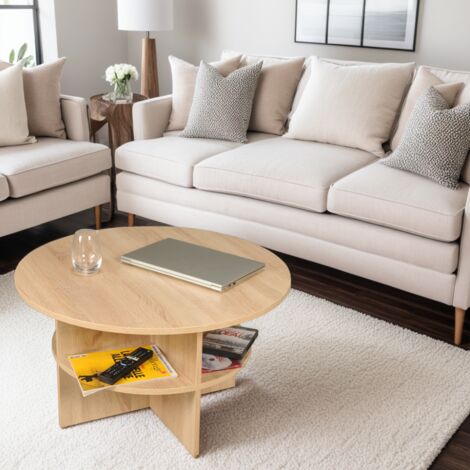 Le Quai Des Affaires – Table basse ronde 80 cm – Décor chêne blanchi – Plateau supérieur 80 cm et inférieur 60 cm – Hauteur 42 cm – Pratique pour rangement moderne