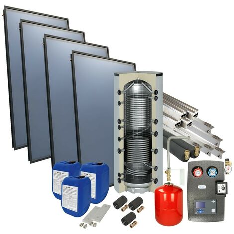 Le Sanitaire – Set solaire 4Plus toit plat 800 litres – Ballon d'eau fraîche avec échangeur – 4 capteurs à plaques plates – Station solaire avec circulateur