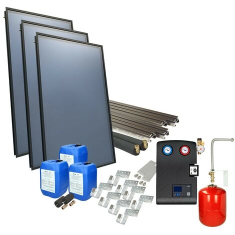 Le Sanitaire – Set solaire OEG 4plus sur toit avec 3 capteurs plats 2,53 m² – Régulation différentielle OEG – Circulateur haut rendement DN 20