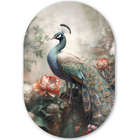 LE TABLEAU Paon - Plumes de paon - Oiseau - Jungle - Fleurs Décoration Murale 40x60 cm