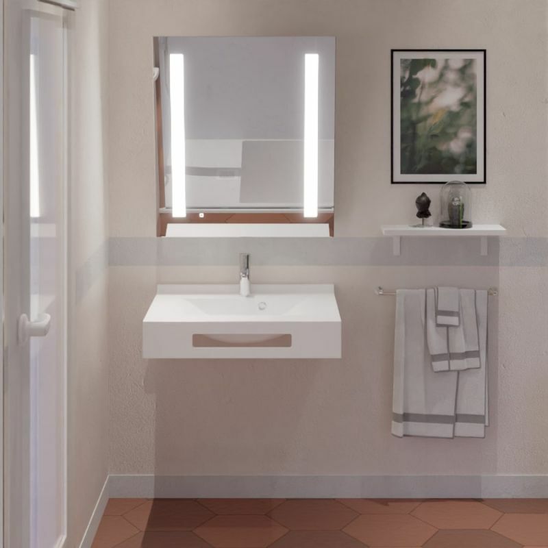 Cuisibane - Ensemble pmr lea 70 cm vasque suspendue + miroir led inclinable Rotary