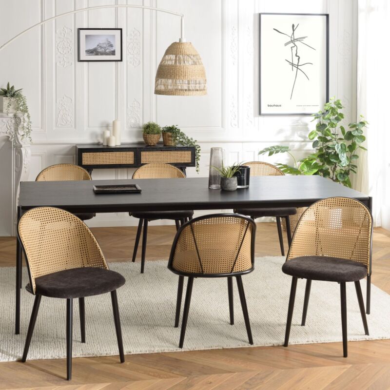 Macabane - lea - Lot de 2 chaises assise tissu noir dossier arrondi effet cannage