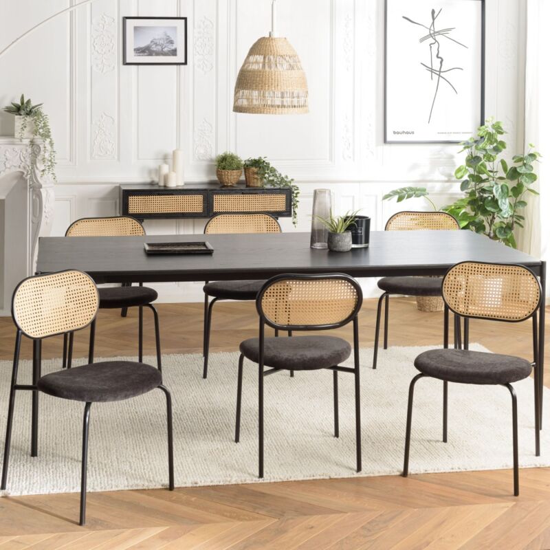 Macabane - lea - Lot de 2 chaises assise tissu noir dossier effet cannage et métal