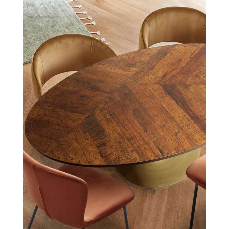 Uniqka - Leaf - Table repas ovale en manguier et métal doré L160 cm 8 pers.