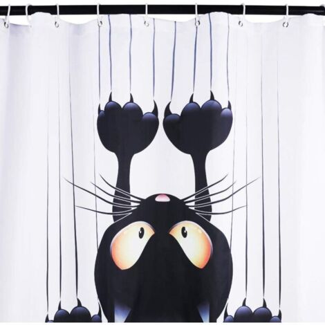Leashy DIY Duschvorhang, lustiges Katzenmotiv, mit Haken (Schwarze Katze, 180x200)
