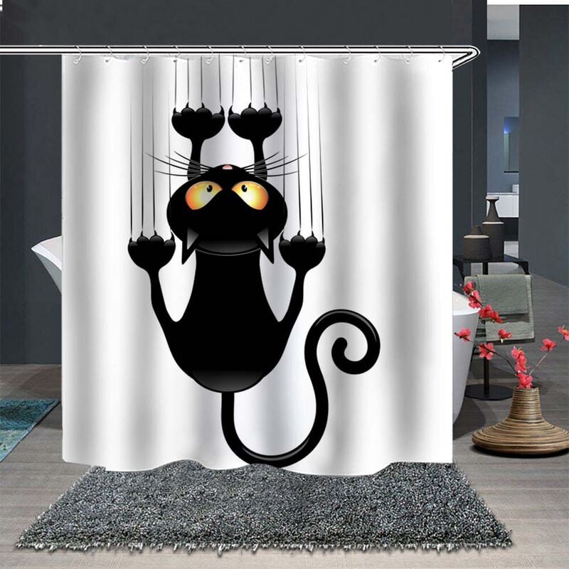 Leashy Rideau de Douche à Assembler soi-même, Motif Chat Humoristique, avec Crochets (Black Cat, 180x200)