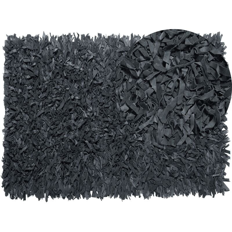 Hand Woven Shaggy Carpet Area Rug Leather 160 x 230 cm Black Mut