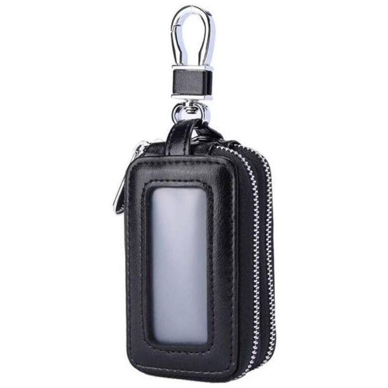 Leather car key case with double zipper and transparent window for car remote control
