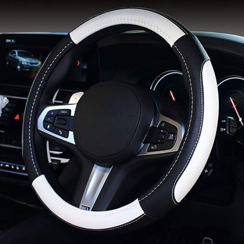 Leather Car Steering Wheel Cover, Universal 38cm Car Steering Wheel Cover, Curved Sports Car Steering Wheel Protector Cover (Black-White)