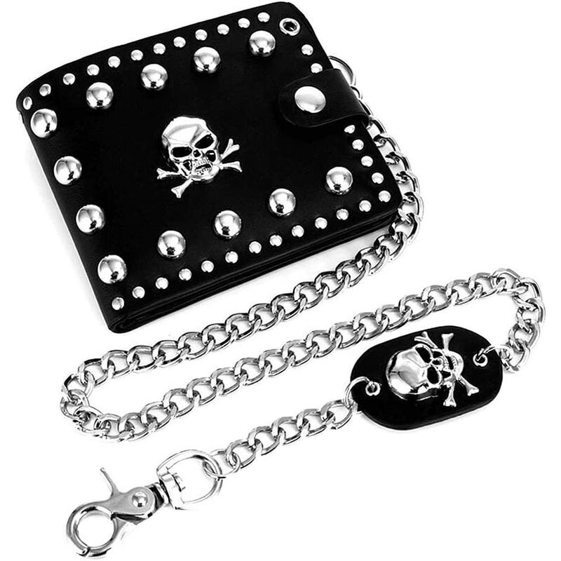 Leather Cool Punk Gothic Western skull Biker Purse Clutch Purse Wallets with Chain for Men Biker Wallet with Detachable Chain