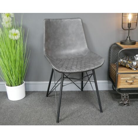 Leather Dining Chair Vintage Industrial Kitchen Grey Seat Rustic Metal Office