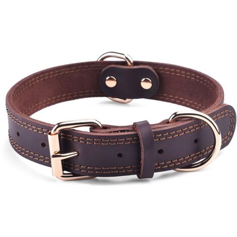 Leather Dog Collar, Heavy Duty Wide Dog Collar for Small,Medium,Large and Extra Large Dogs (M: 1" Wide for 15.2"-19.2" Neck, Dual Stitch - Brown)