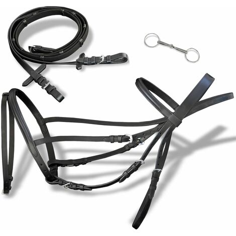 Leather Flash Bridle with Reins and Bit Black Cob vidaXL