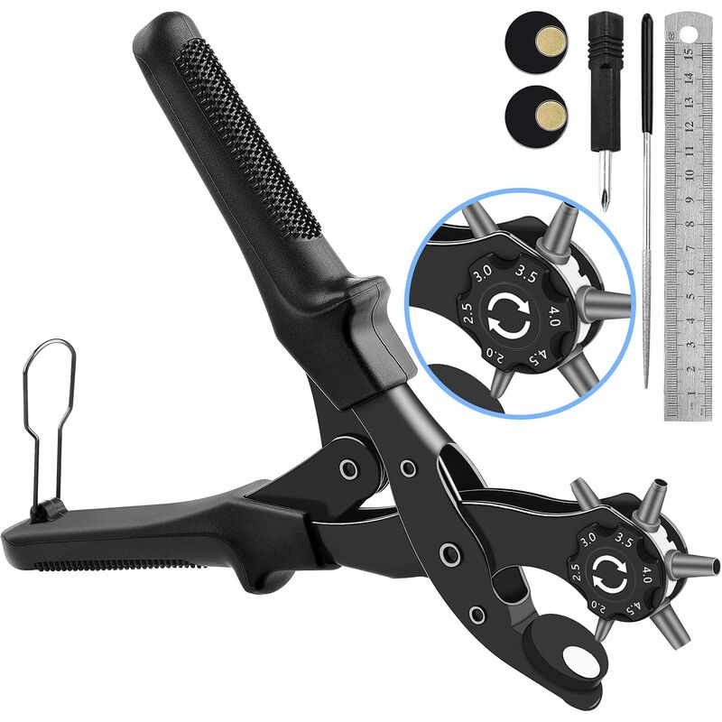 Mimiy - Leather Hole Punch, [Perfect Full Set] Belt Puncher, Heavy Duty Revolving Plier Tool(Black)