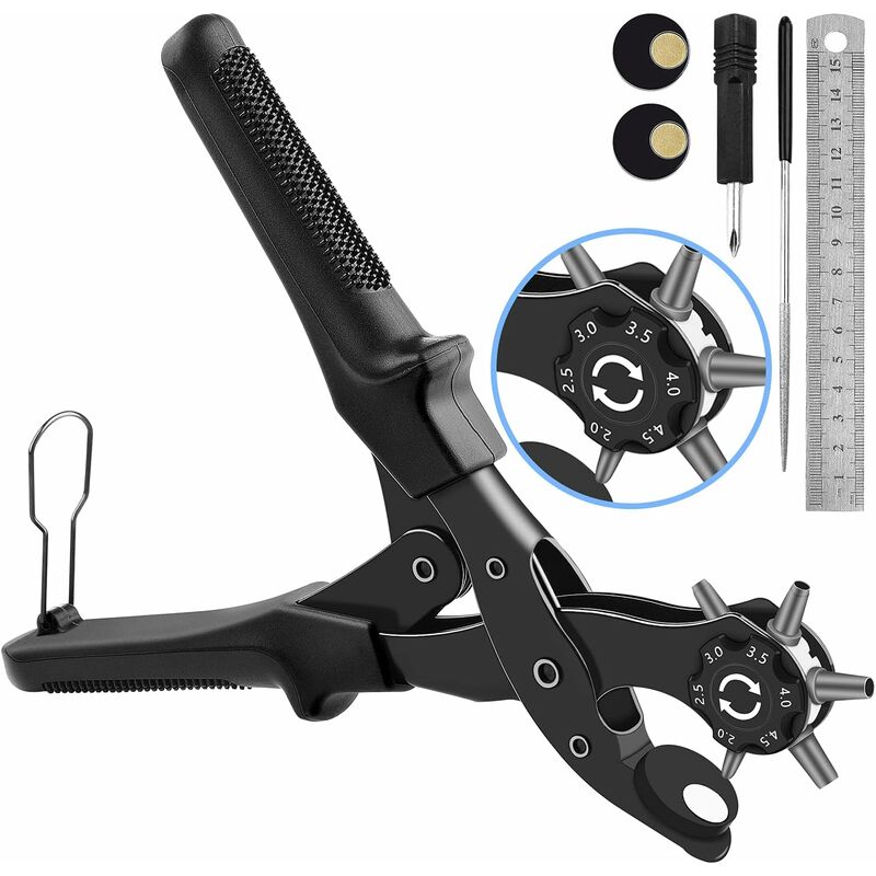Leather Hole Punch, [Perfect Full Set] Belt Puncher, Heavy Duty Revolving Plier Tool(Black)
