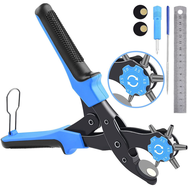 Mimiy - Leather Hole Punch, [Perfect Full Set] Belt Puncher, Heavy Duty Revolving Plier Tool(blue)