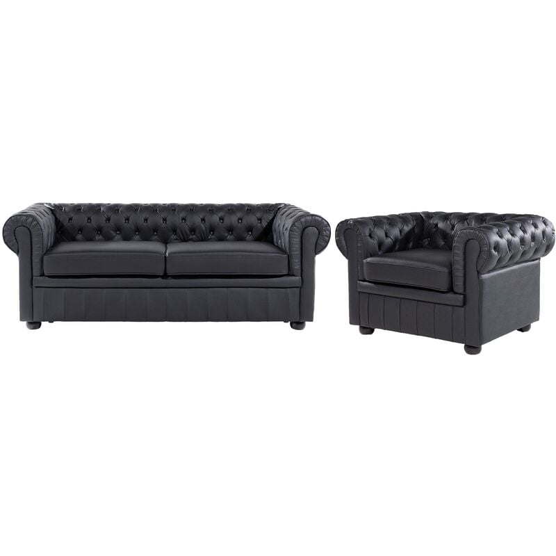 Classic Chesterfield 3 Seater + Armchair Sofa Set Leather Black Chesterfield