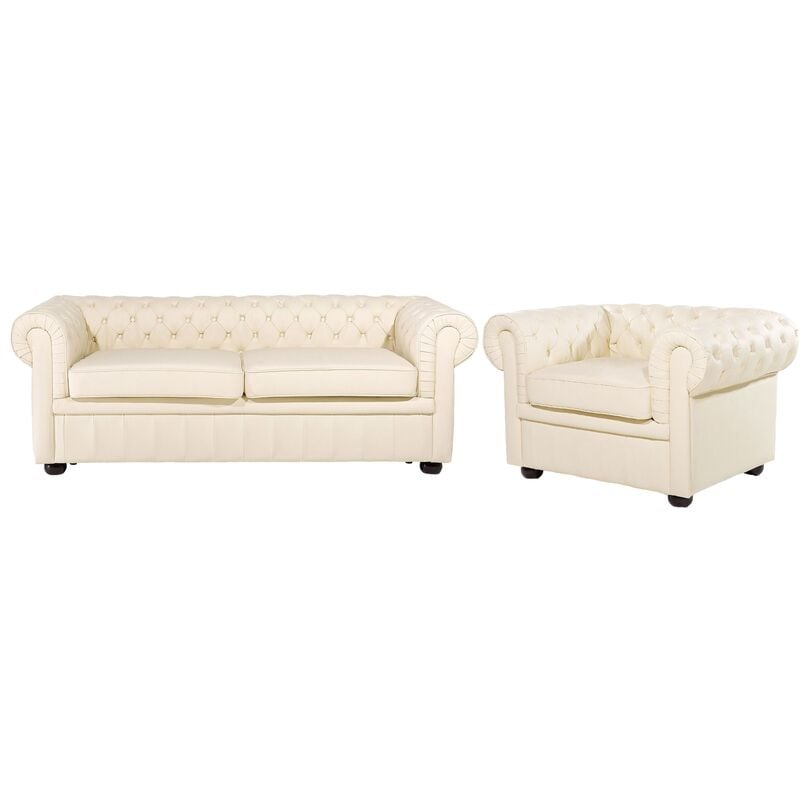 Classic Chesterfield 3 Seater + Armchair Sofa Set Leather Cream Chesterfield