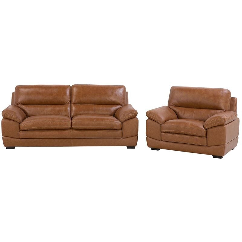 Genuine Leather Upholstered Living Room Sofa Armchair Set Golden Brown Horten