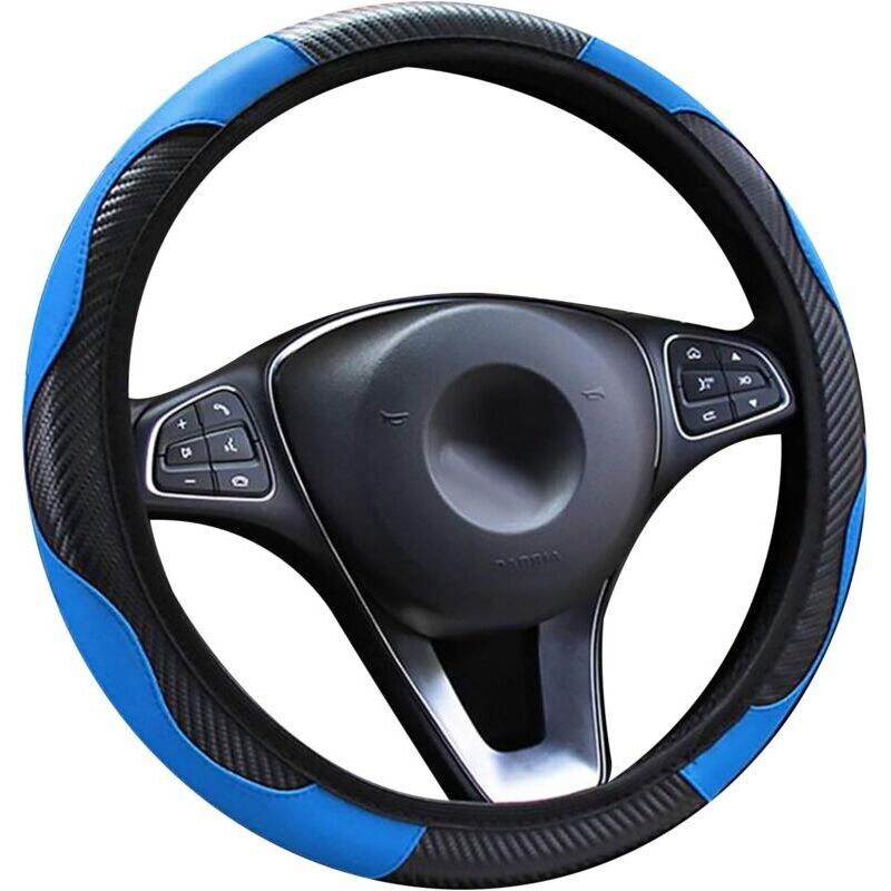 leather steering wheel cover, breathable carbon fiber, non-slip, universal 37-39 cm, for round and D-shaped steering wheels, car interior