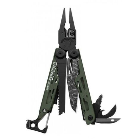 Leatherman LTM-832692 Alicate Multiusos Signal en color Topo verde con 19 funciones, hoja de acero 420HC/carbono y DLC negro de 6,9 cm ideal para Supervivencia. Incluye Silbato de emergencia, Varilla 