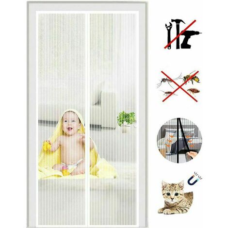 LECHUANG Moustiquaire Porte à Fermeture Aimantée, Rideau de Porte Anti Mouche, Fermeture Auto, Kit d'Installation, Bande Adhésive 120x220CM BlancMenuiserie Fenêtre et porte-fenêtre Moustiquaire Mou
