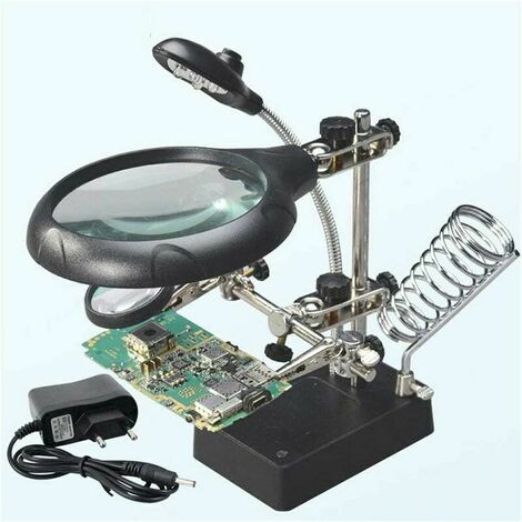LECHUANG Station Troisième Main au Soudage 5LEDs Loupe à Poser 2,5X/7,5X/10X Lentille Support avec Pince pour Soudure Réparation ModelageLoupe