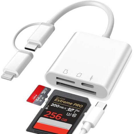 Lecteur Carte SD iPhone, 3 en 1 Lightning to SD Card Reader, Adaptateur iPhone Carte SD, Adaptateur C/Arte SD i-Phone, Lecteur de C-Arte S-D pour i-Phone, A-daptateur S-D i-Phone avec Charge