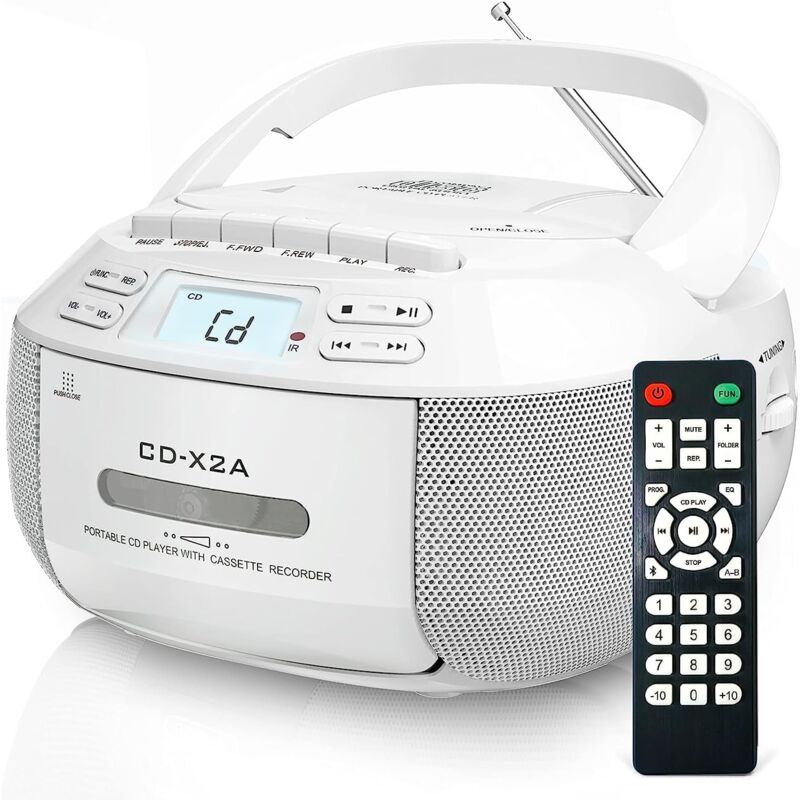 Lecteur CD Boombox avec Bluetooth, Radio FM, Lecture USB/AUX, Son stéréo avec télécommande, Enregistrement sur Bande, Alimentation CA/CC, lecteurs CD