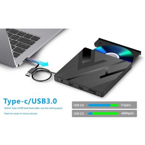 Lecteur CD/DVD externe 5 en 1 USB 3.0 Type-C Graveur CD/DVD +/-RW--