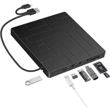 Lecteur CD/DVD Externe, Graveur DVD/CD Externe USB 3.0 et Type-C, avec Lecteur de Carte SD/TF et de USB, Lecteur CD/DVD 7 en 1